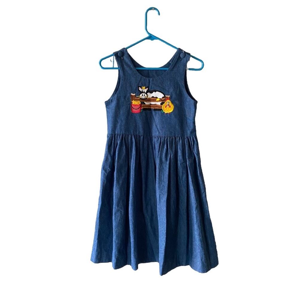 VTG Y2K Copper Key Cotton Blue Denim Cow & Chicken Embroidered Jumper Dress